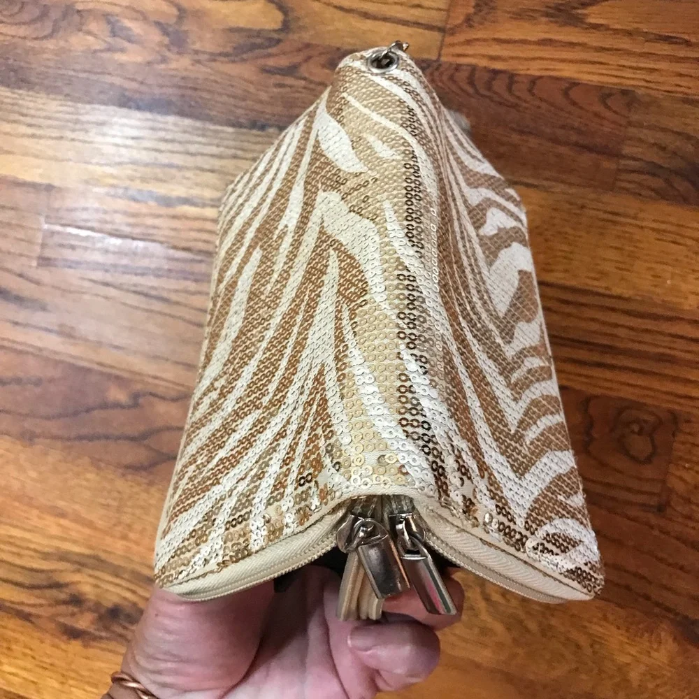 Ladies Gold & Cream Color Sequin Clutch Wallet Handbag Carry All Purse Credit C…